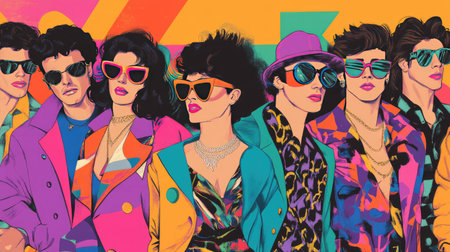 A group portrait of men and women dressed in 1980s vintage fashion, featuring bold patterns, vibrant colors, and iconic retro styles.の素材