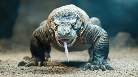 A Komodo dragon in a natural setting, displaying its powerful limbs and long tongue, illustrating the might of one of the largest reptiles.の素材