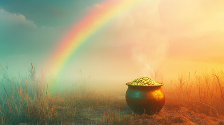 Generative AI image of a magical pot of gold, positioned under a sweeping rainbow in a dreamlike landscape, symbolizing fortune and luckの素材