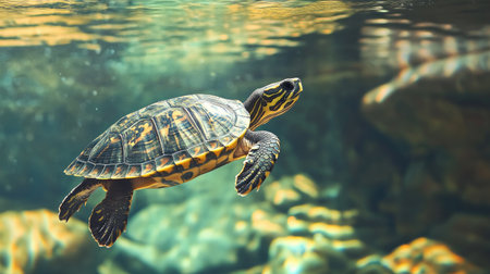 A turtle swimming in a clear pond, with its legs moving gracefully and its shell gliding through the waterの素材