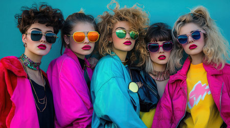 Group of friends in 1980s fashion, with neon colors, big hair, and distinctive accessories, capturing the essence of retro style and cultureの素材