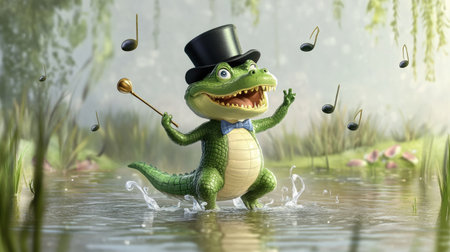 Cartoon alligator with a top hat and cane, dancing in a swamp with musical notes floating around, creating a playful and fun scene.の素材