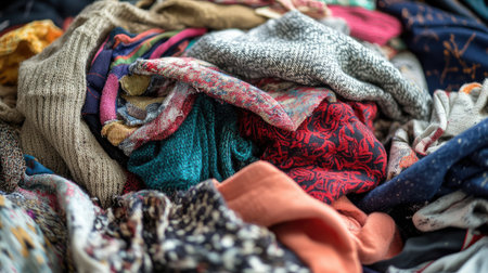 Close-up of a heap of discarded clothes, showcasing various fabrics and patterns, representing the challenges of fast fashion and textile recycling.の素材