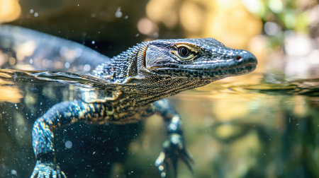 A water monitor lizard swimming gracefully in a pond, its head above water and body submerged, demonstrating the versatility of reptiles.の素材