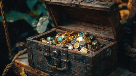 A weathered wooden treasure chest, open and filled with sparkling treasures, symbolizing the allure of adventure and exploration.の素材