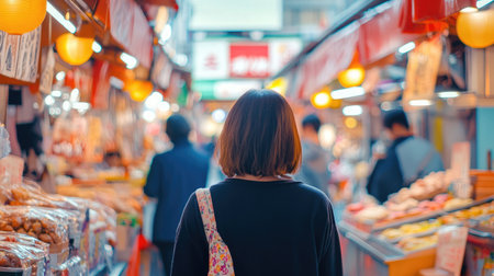 A woman is focused in the foreground as she walks through a Japanese street food market, with colorful stalls blurred in the background.の素材