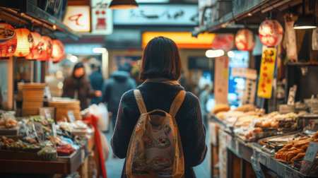 A woman walks through a Japanese street food market, with a close-up view highlighting her journey amidst colorful food stalls and vendors.の素材