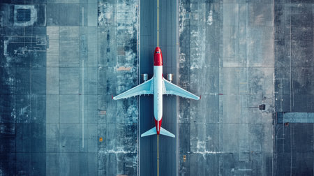 Airport runway aerial view: Aerial top view of an airport with one plane on the runway, showcasing air transport and logistics, with space for text.の素材