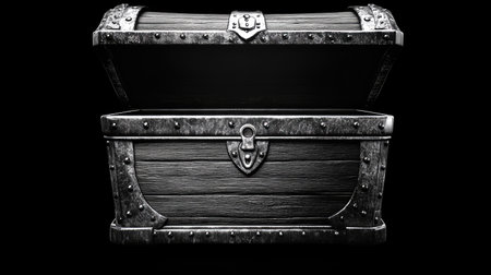 An open treasure chest on a monochrome background, providing a clear area for text or logos, perfect for versatile design use.の素材