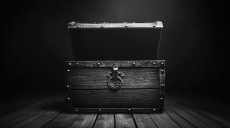 An open treasure chest on a monochrome background, providing a clear area for text or logos, perfect for versatile design use.の素材