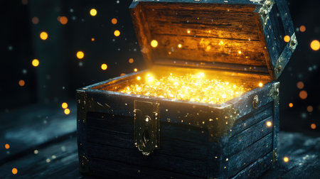 Ancient treasure chest glows with a magical light, open to reveal its mysterious contents, adding a sense of wonder and adventure.の素材