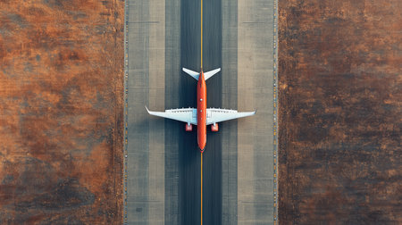 Airplane on runway: Aerial view of an airport runway with a single plane, highlighting air transport and logistics, with room for text.の素材