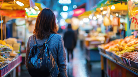 Close-up of a woman walking in a vibrant Japanese street food market, with colorful food stalls and bustling stalls in the background.の素材