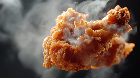 Mouthwatering fried chicken: Close-up of a single piece of steaming fried chicken, pulled apart to reveal its juicy and crispy texture, with an open area for text.の素材