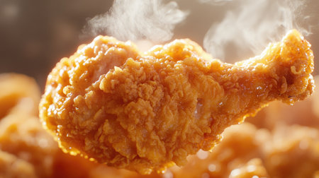 Fried chicken texture: Detailed close-up of a single piece of fried chicken, steam rising as it pulled apart, showing juicy meat and crispy skin, with text space available.の素材