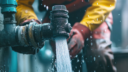 Leaking pipe repair scene: An emergency plumber working on a water leak, illustrating the need for swift and skilled repairs to prevent water damage, with an area for text.の素材