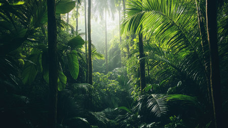 Lush rainforest with towering trees and thick foliage, offering a dense, vibrant green setting with ample copy space for textの素材