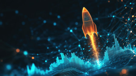 Crypto market boom: A graph depicting Bitcoin rising trend line and a rocket icon, showcasing the surge in cryptocurrency market value, with a clear space available for text insertion.の素材