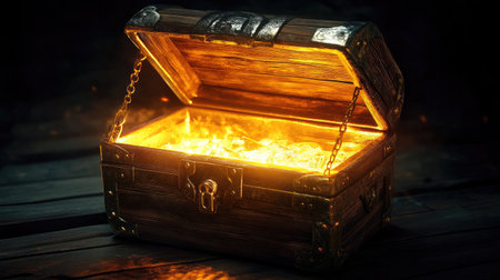 Open treasure chest with a radiant glow, evoking the allure of long-lost treasures and the excitement of a thrilling adventure.の素材