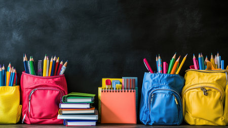 School supplies on desk: A desk neatly organized with vibrant backpacks, notebooks, and pencils, representing a fresh start to the school year, with a blank space for text.の素材