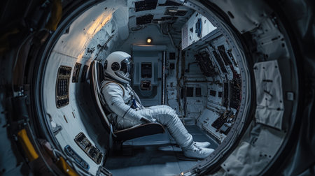 Astronaut in profile, seated inside a space rocket, showcasing the interior details and the astronaut's readiness for the upcoming space missionの素材