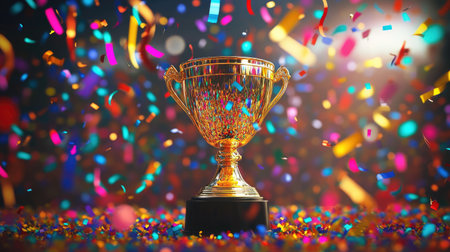 A shining gold trophy at center stage, with vibrant confetti and streamers creating a celebratory scene for the first-place winner.の素材
