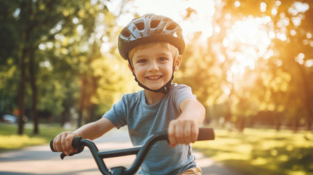 A young boy wearing a helmet, gripping the handlebars of a bicycle, learning to ride through a sunny park, focused determination in his eyes. -の素材