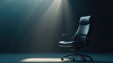 A spotlight shines on a professional office chair in a dimly lit space, creating a visual metaphor for career opportunities and leadership potential.の素材