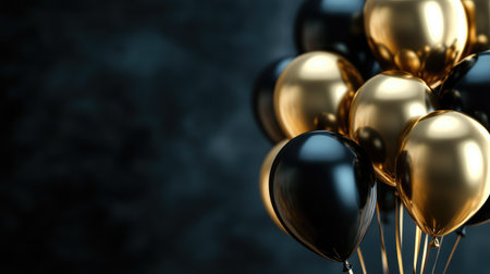 Close-up of a cluster of gold and black balloons on a sleek background, perfect for a party banner with space for your custom message or event details.の素材