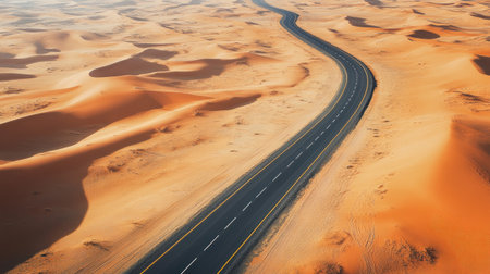 Aerial shot of an empty road cutting through a vast, barren desert landscape, with shadows from distant dunes in the background.の素材
