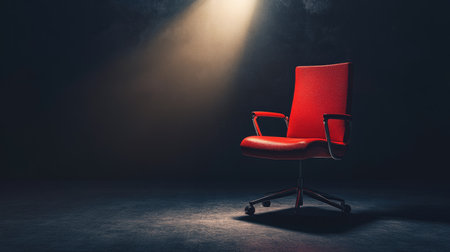 Empty office chair under a bright spotlight, highlighting the concept of job openings, leadership roles, and the search for a new candidate.の素材