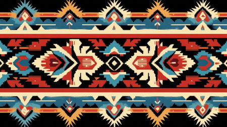 Authentic Navajo tribal ethnic pattern, seamlessly repeating with traditional designs and colors, ideal for capturing Native American cultural textiles.の素材