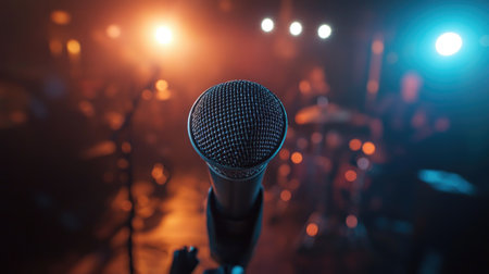 Close-up of a microphone with an audience visible in the background, creating anticipation for a live performance, whether comedy, music, or theater.の素材