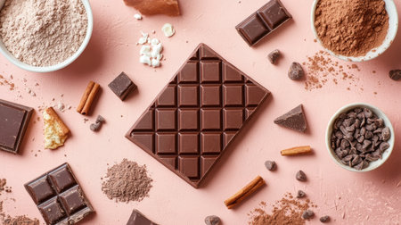 Flat lay view of a chocolate bar snack packaging template, arranged with ingredients and elements that highlight the design.の素材