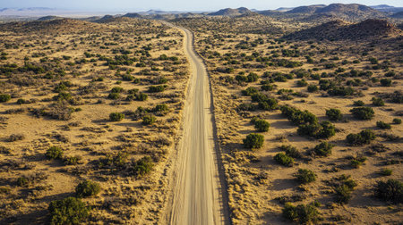 High-angle view of a solitary road traversing through a remote desert area, with a backdrop of arid, sandy terrain and sparse vegetation.の素材
