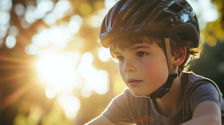 Close-up of a boy wearing a helmet, eyes focused ahead as he pedals his bicycle in a park, with bright sunlight filtering through the trees.の素材