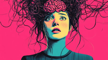 Illustration of a woman with a perplexed expression and a brain depicted as a tangled mess, symbolizing confusion and modern challenges.の素材