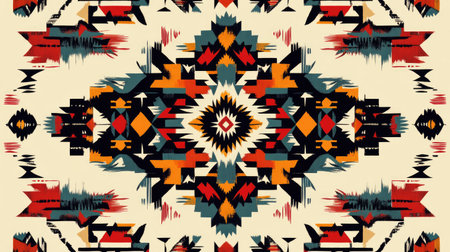 Navajo tribal ethnic seamless pattern background with geometric shapes and vibrant colors, showcasing traditional Native American textile design.の素材