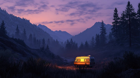 Glowing lights from a camper van at dusk, set against a backdrop of mountains and trees, creating a serene and inviting scene in a tranquil landscape.の素材