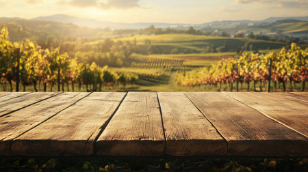 Empty wooden table with a French vineyard blurred in the background, perfect for product display or wine advertisement, creating a rustic ambiance.の素材