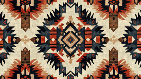 Seamless ethnic pattern inspired by Navajo tribal art, with geometric motifs and a palette of natural colors, ideal for a textile background.の素材