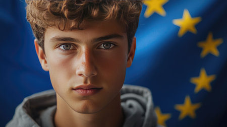 Young European voter with a serious expression, set against the backdrop of the EU flag, symbolizing civic engagement and responsibility.の素材