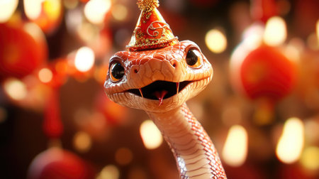 A cheerful snake wearing a festive party hat, celebrating the Chinese New Year, with a playful and joyful expressionの素材