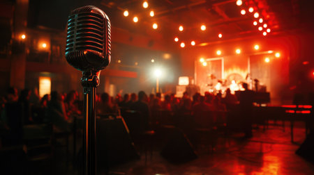 Stage view with a microphone stand in the foreground, and an audience eagerly awaiting a performance, capturing the atmosphere of a live show.の素材