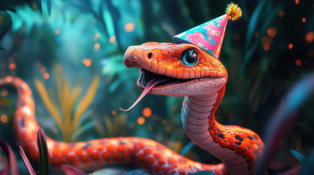 A happy snake with a party hat, symbolizing the Chinese New Year, in a fun and lively depiction full of festive energyの素材
