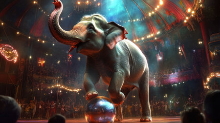 A majestic circus elephant balancing delicately on a ball, surrounded by bright lights and a cheering crowdの素材