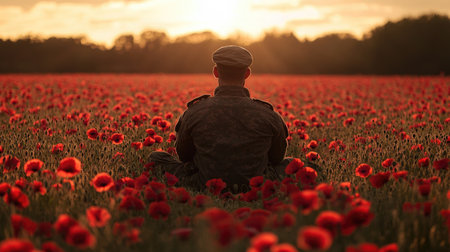 A reflective soldier sitting in a poppy field, paying tribute to those who died in war, surrounded by the poignant beauty of the flowersの素材