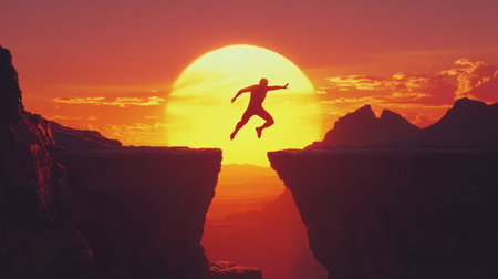 A man silhouette mid-jump over a gap, with a glowing sunset in the background, representing achievement and the pursuit of goalsの素材