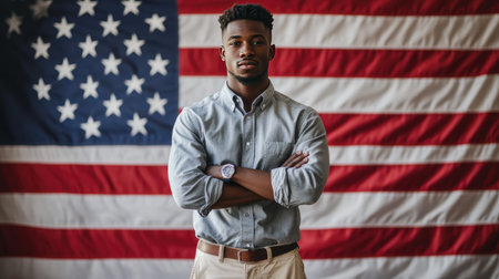 A proud young Black male voter standing confidently in front of an American flag, symbolizing civic duty and patriotismの素材
