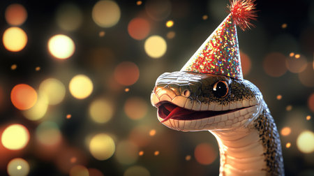 A smiling snake wearing a party hat, ready for Chinese New Year festivities, radiating happiness and cheerの素材